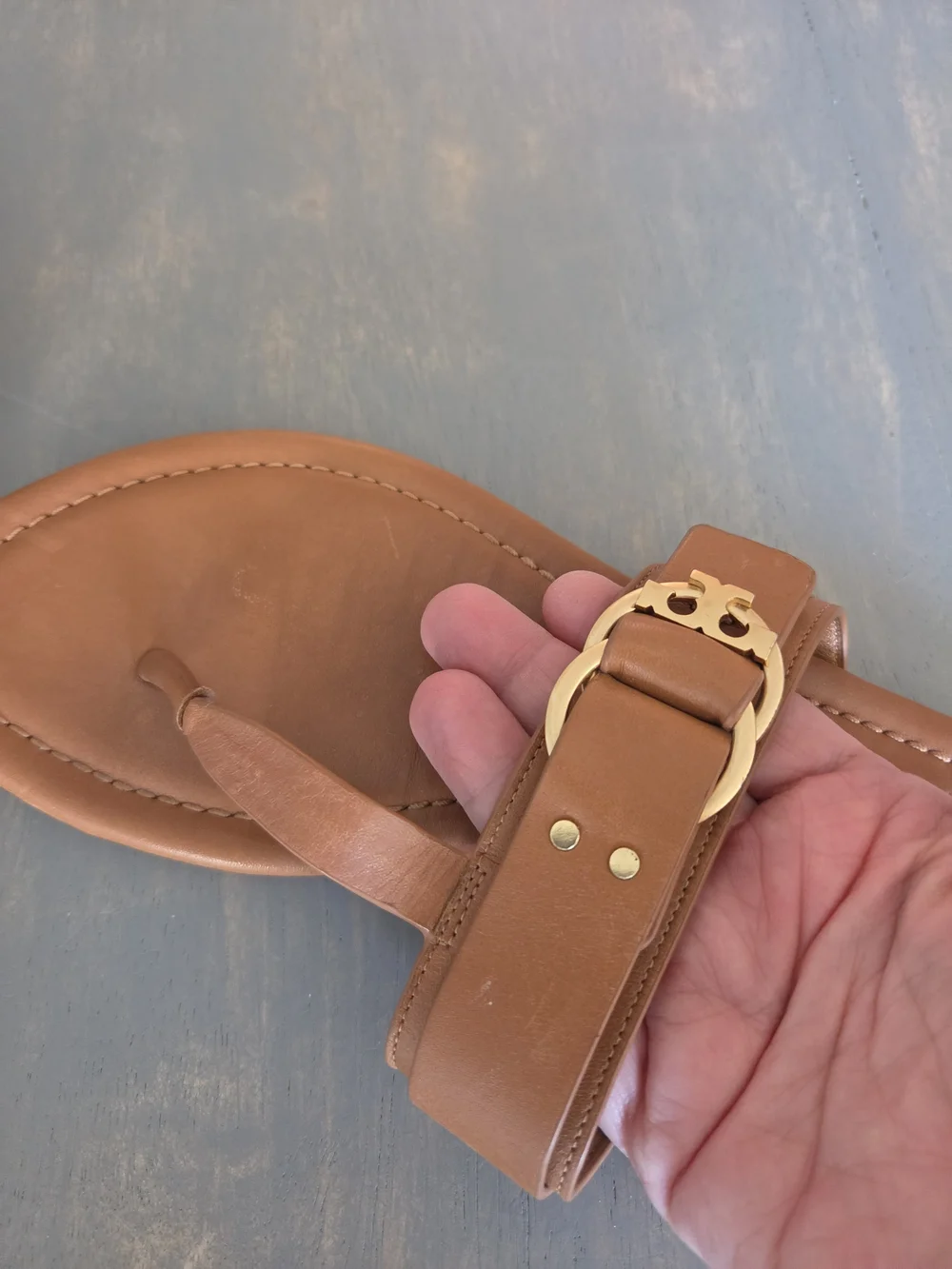 Tory Burch Brown Leather Thong Sandals with Gold Buckle